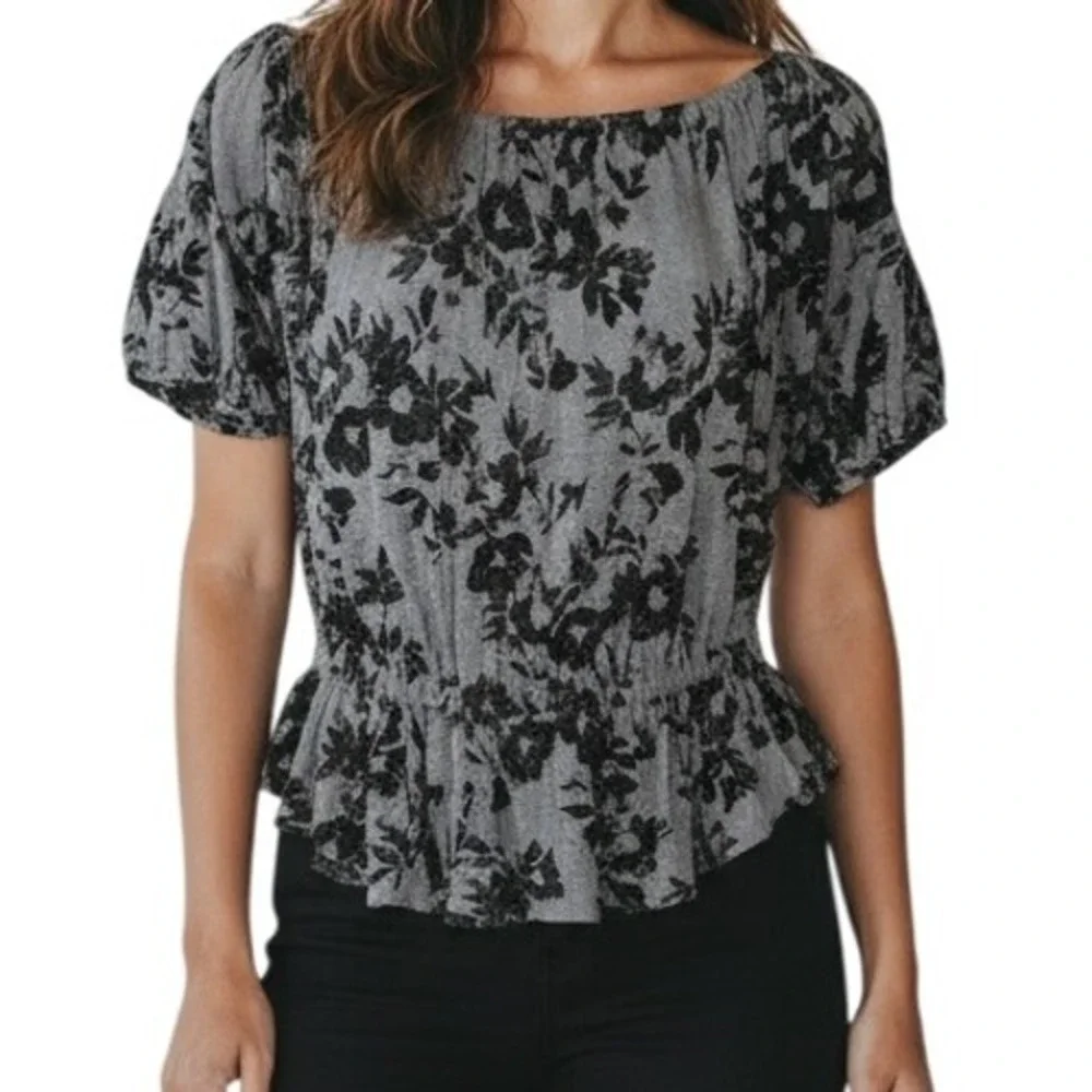 FREE PEOPLE Black and Gray Floral Peplum‎ Hem Top Size Medium